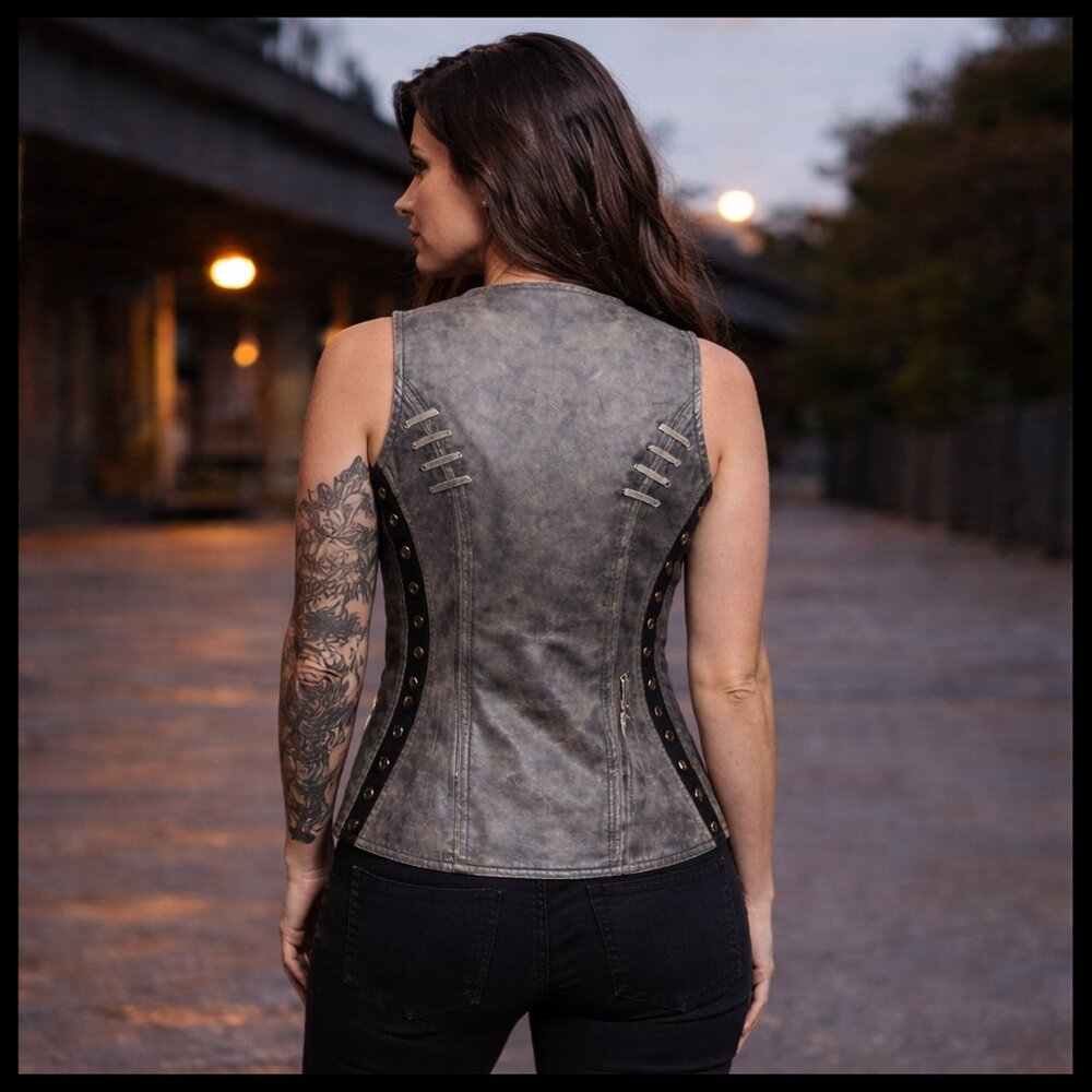 Ladies Lightweight Distressed Gray Leather Vest with Grommeted Twill and Lace - Picture 6 of 12